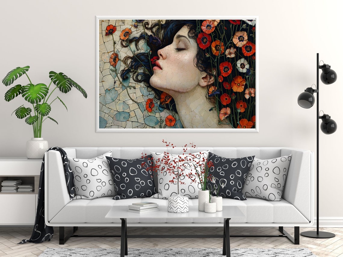 Mosaic Profile Woman Face With Red Poppies Floral Art Wall Art - Image 4