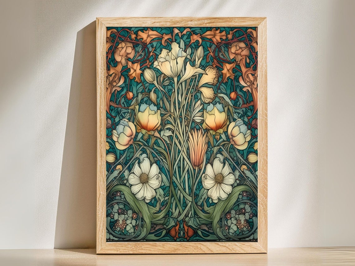 William Morris Style Ivory Anemones Teal Autumn Floral Wall Art