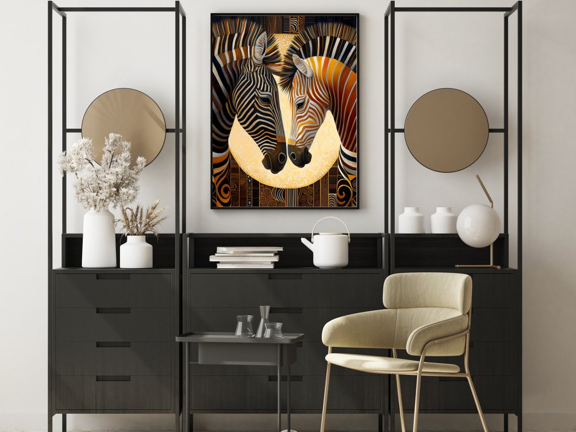 Two Zebra Profiles In Bold Black White And Gold Art Deco Wall Art - Image 2