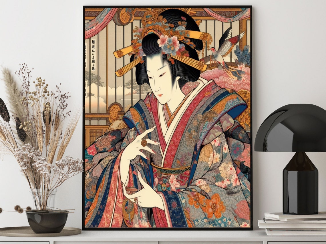 Japanese Courtesan in Floral Kimono, Traditional Ukiyo-E Style Poster - Image 6