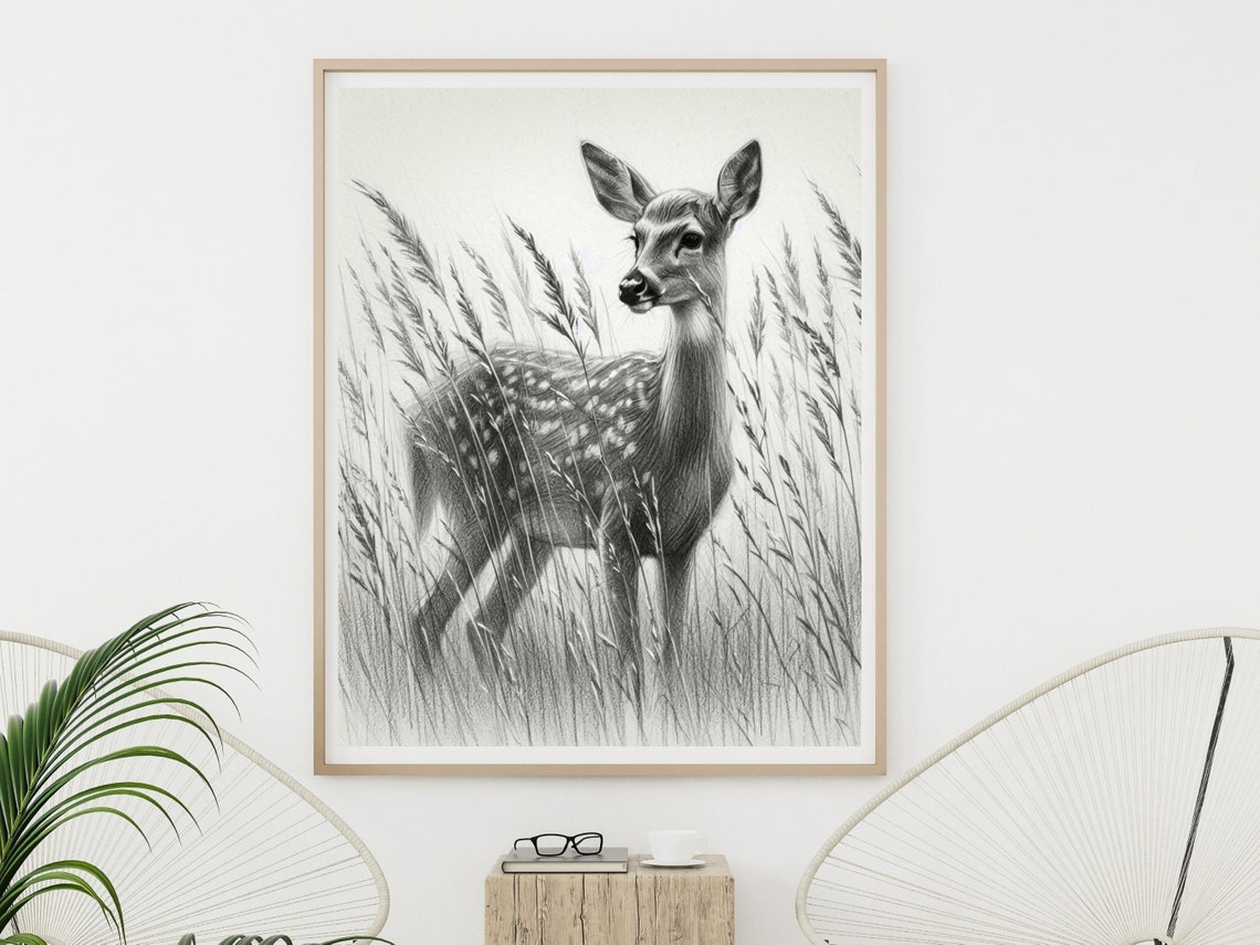 Delicate Pencil Sketch Of A Fawn Standing In Tall Grass Poster - Image 6