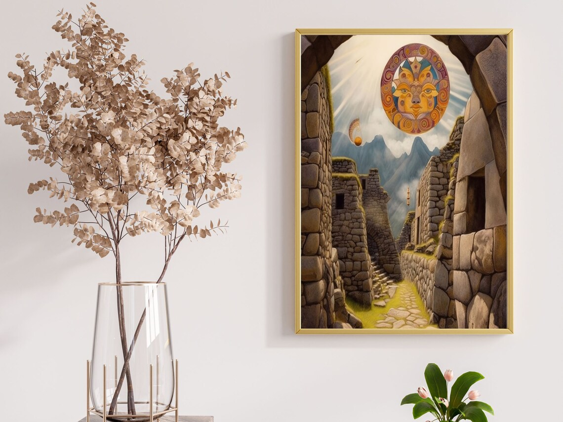 Machu Picchu Incan Ruins Sun God Stylized Andes Mountain Wall Art - Image 2