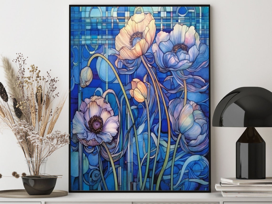 Art Nouveau Blue Poppies Stained Glass Style Floral Wall Art - Image 4