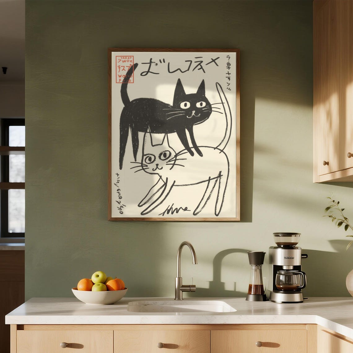 Playful Two Cats Line Art Black White Japanese Quirky Drawing Poster