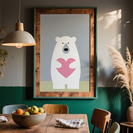 Minimalist Polar Bear Pink Heart Cute Scandinavian Nursery Art Poster