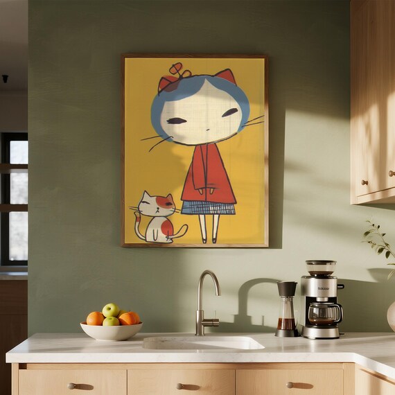 Whimsical Cat Girl Red Coat Small Cat Yellow Cute Character Poster