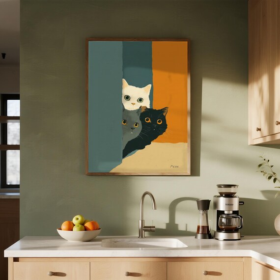 Modern Three Cats Color Block Peekaboo Feline Playful Art Poster