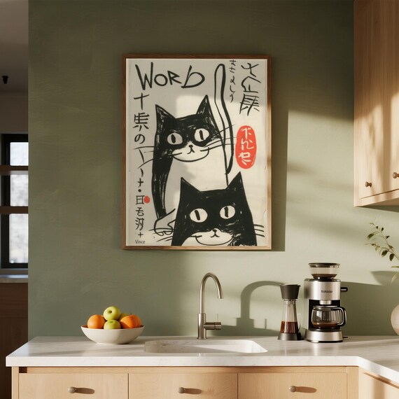 Quirky Black Cats Word Art Poster Modern Japanese Feline Duo