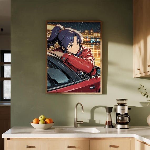 Misato Katsuragi Evangelion Anime Girl Car Art Urban Scene Print Jdm Enthusiast Decor City Lights Wall Vibrant Night Poster