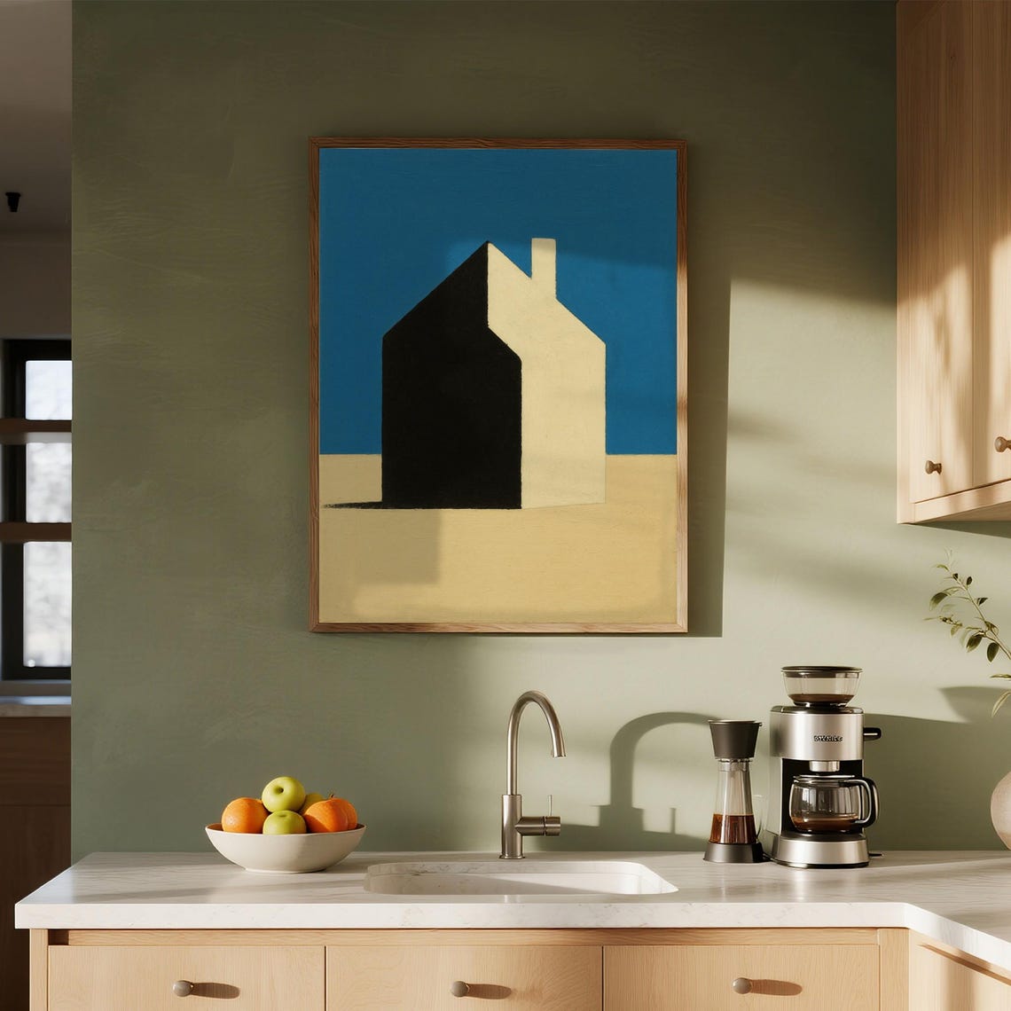 Geometric Abstraction House Art Black Cream Blue Minimalist Poster