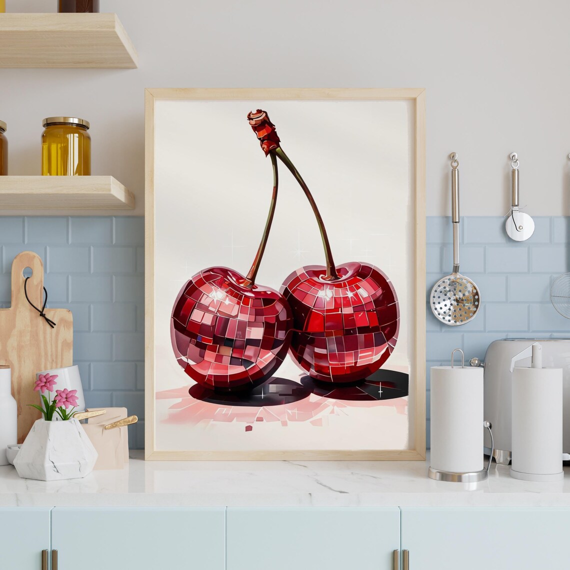 Cherry Disco Ball Print, Retro Kitchen Poster - Image 4