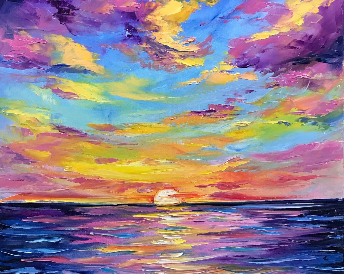 Ocean Sunset Purple Gold Clouds Colorful Seascape Impasto Art Poster