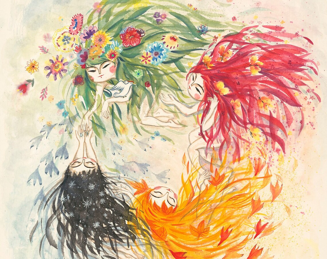 Four Girls As Four Seasons Floral Ink Wash Art Nature Poster