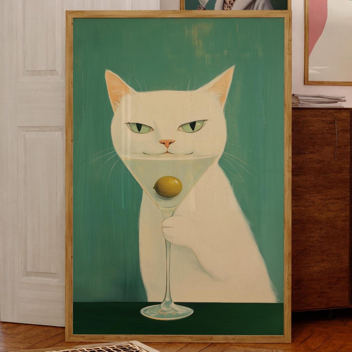 White Cat With Martini Glass Whimsical Cocktail Bar Cart Art Poster