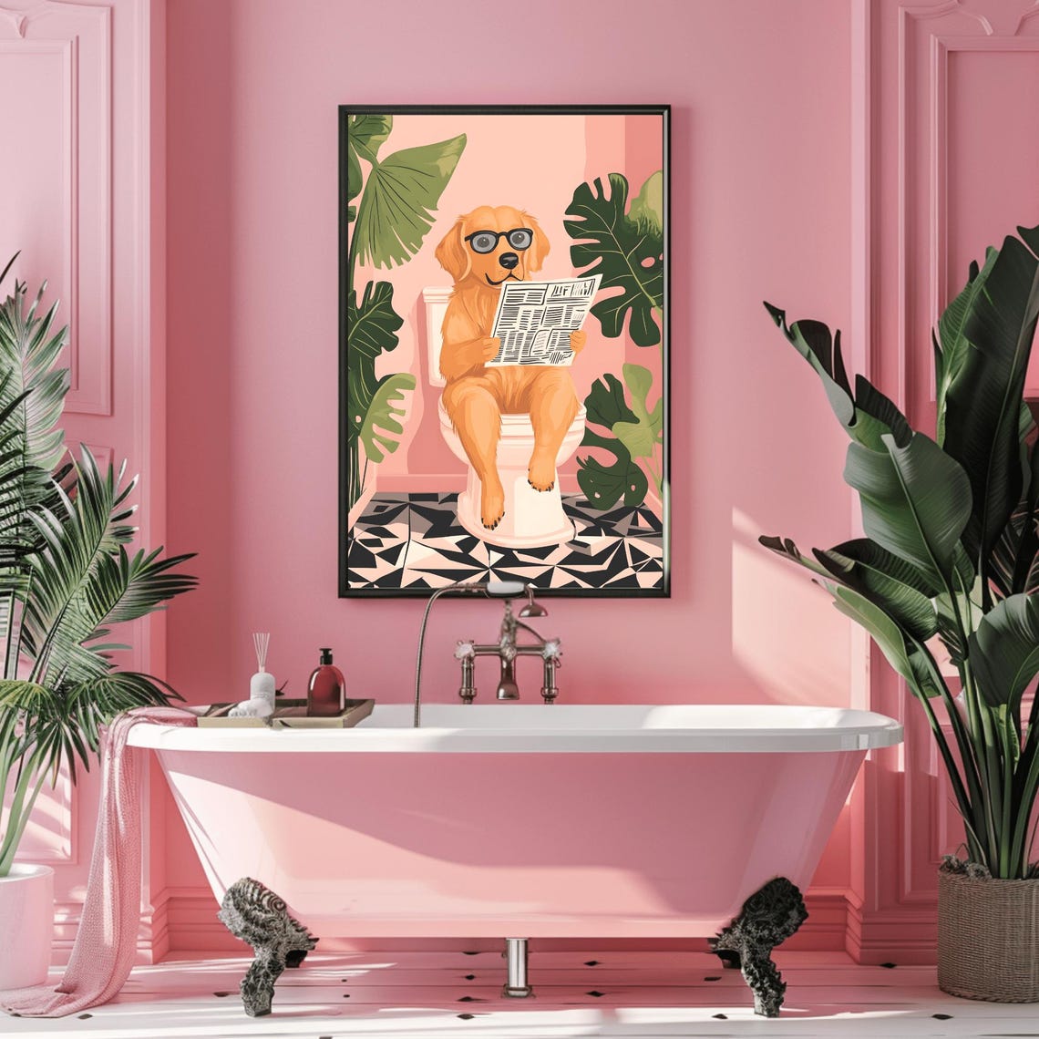 Golden Retriever Reading Newspaper on Toilet Funny Bathroom Poster - Image 3