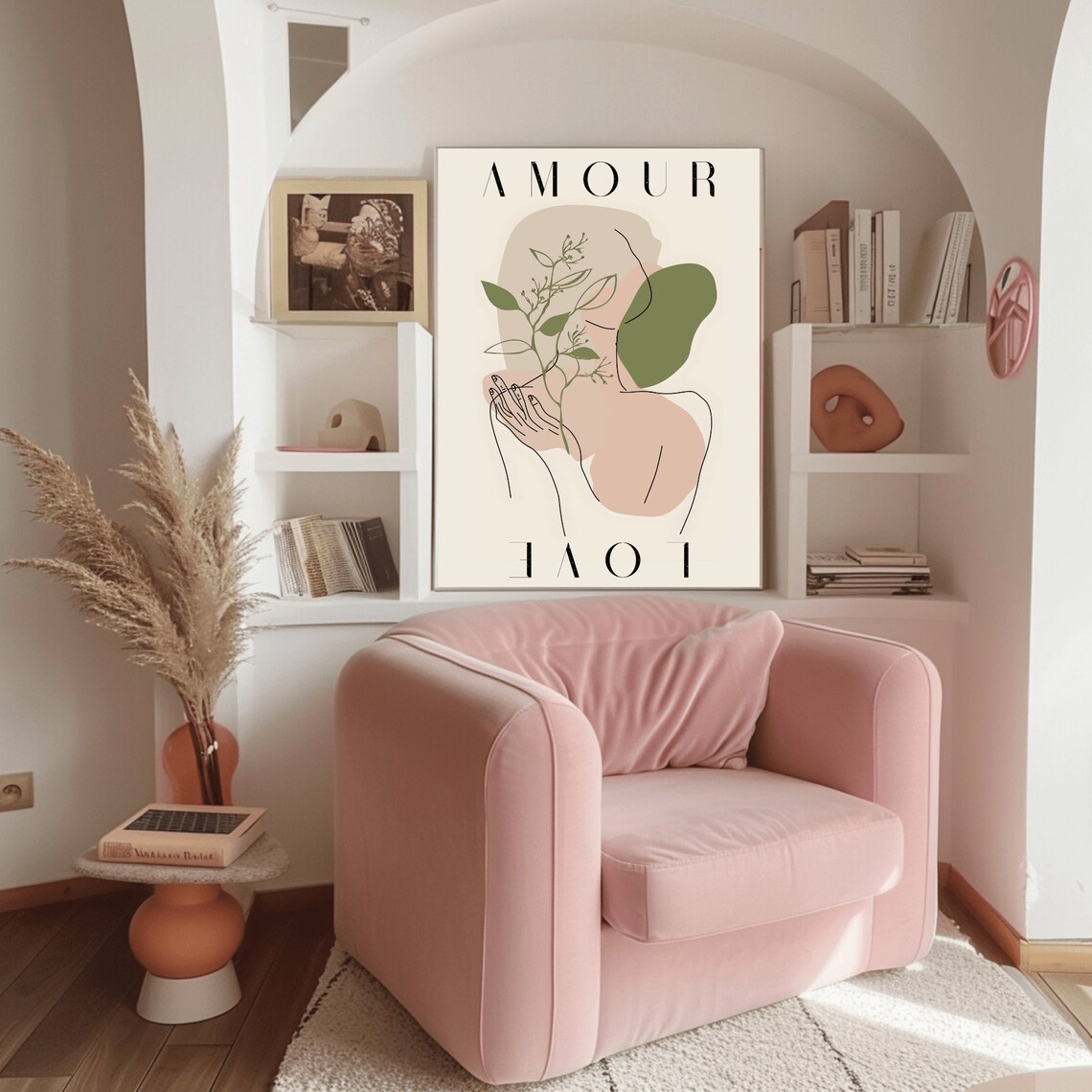 Amour Love French Line Art Woman with Botanical Branch Poster - Image 2