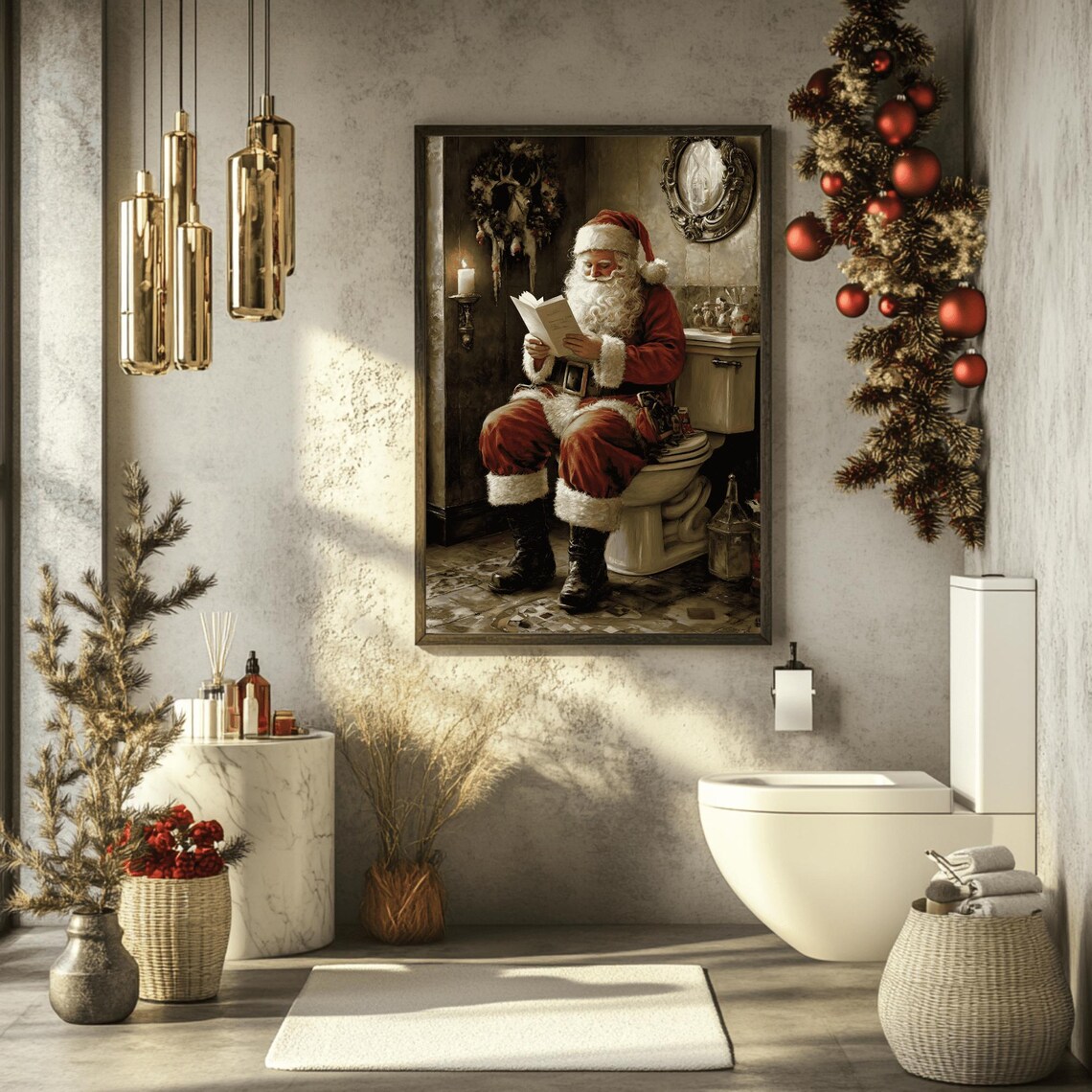 Santa Claus Reading on Toilet Vintage Oil Painting Funny Poster - Image 3