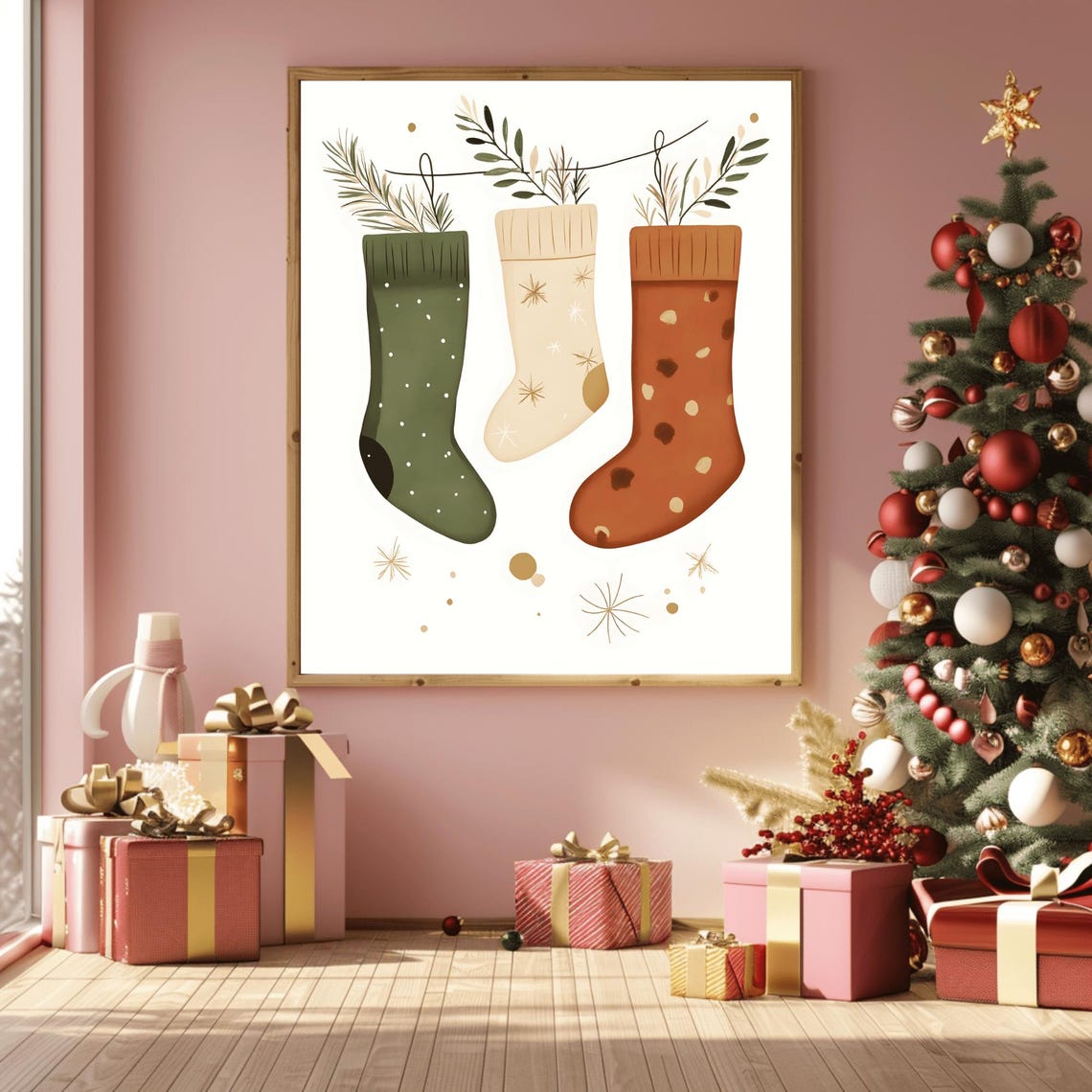 Three Hanging Christmas Stockings Sage Botanical Garland Poster - Image 3