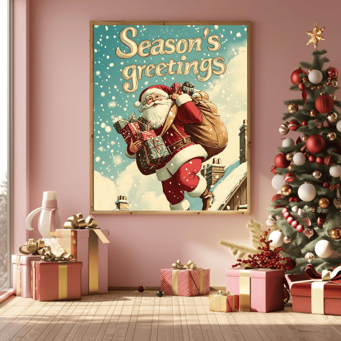 Retro Santa Walking a Snowy Wooden Rooftop Season's Greetings Poster - Image 3