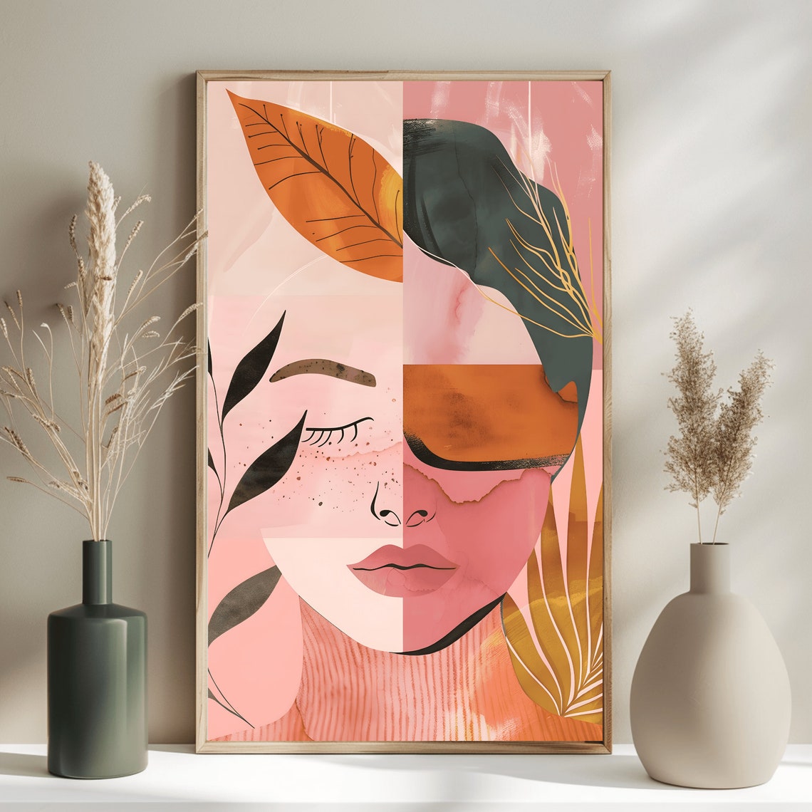 Pink Botanical Female Portrait Abstract Modern Japandi Wall Art