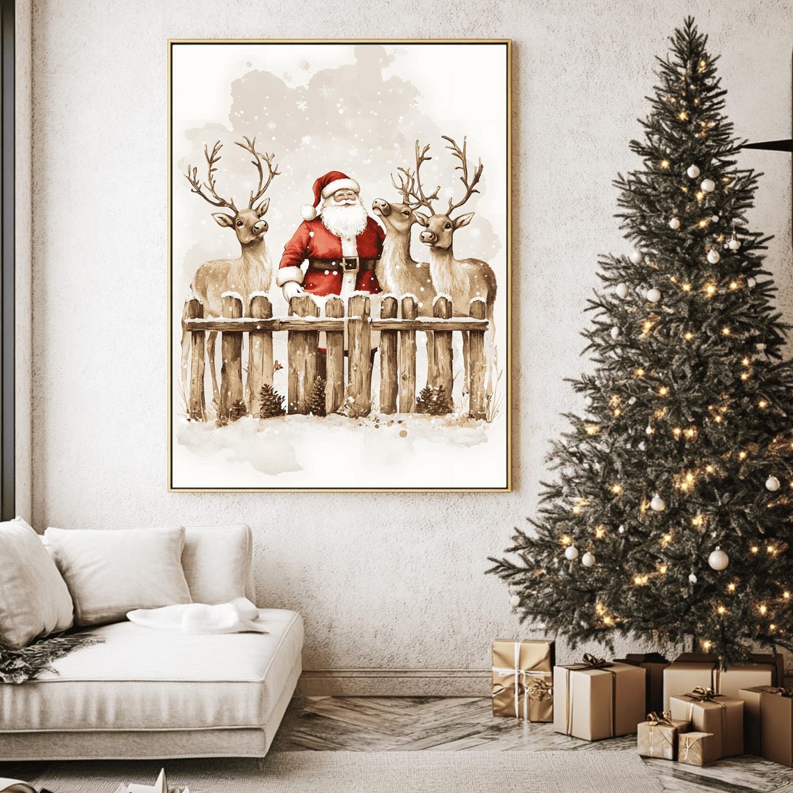 Gentle Santa Behind a Snowy Fence with Three Reindeer Art Print - Image 2