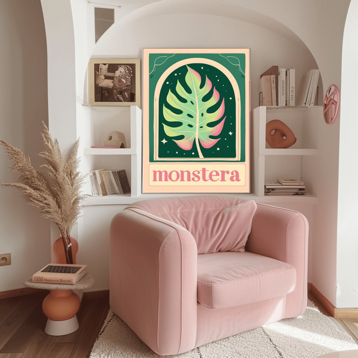 Vintage Retro Monstera Leaf Botanical Arch Pink Green Poster - Image 3