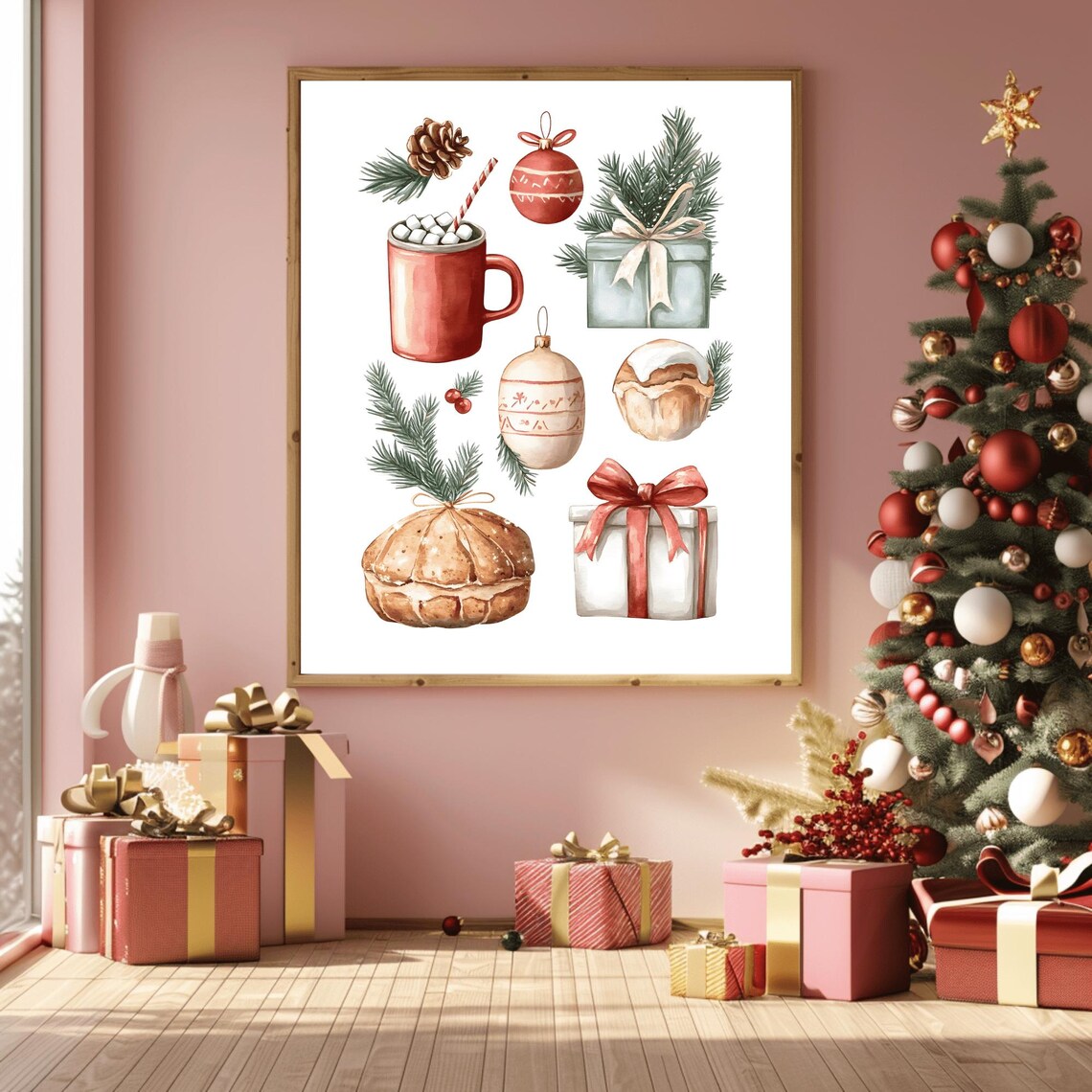 Watercolor Christmas Icons Cozy Cocoa Mug Gifts Ornaments Poster - Image 3