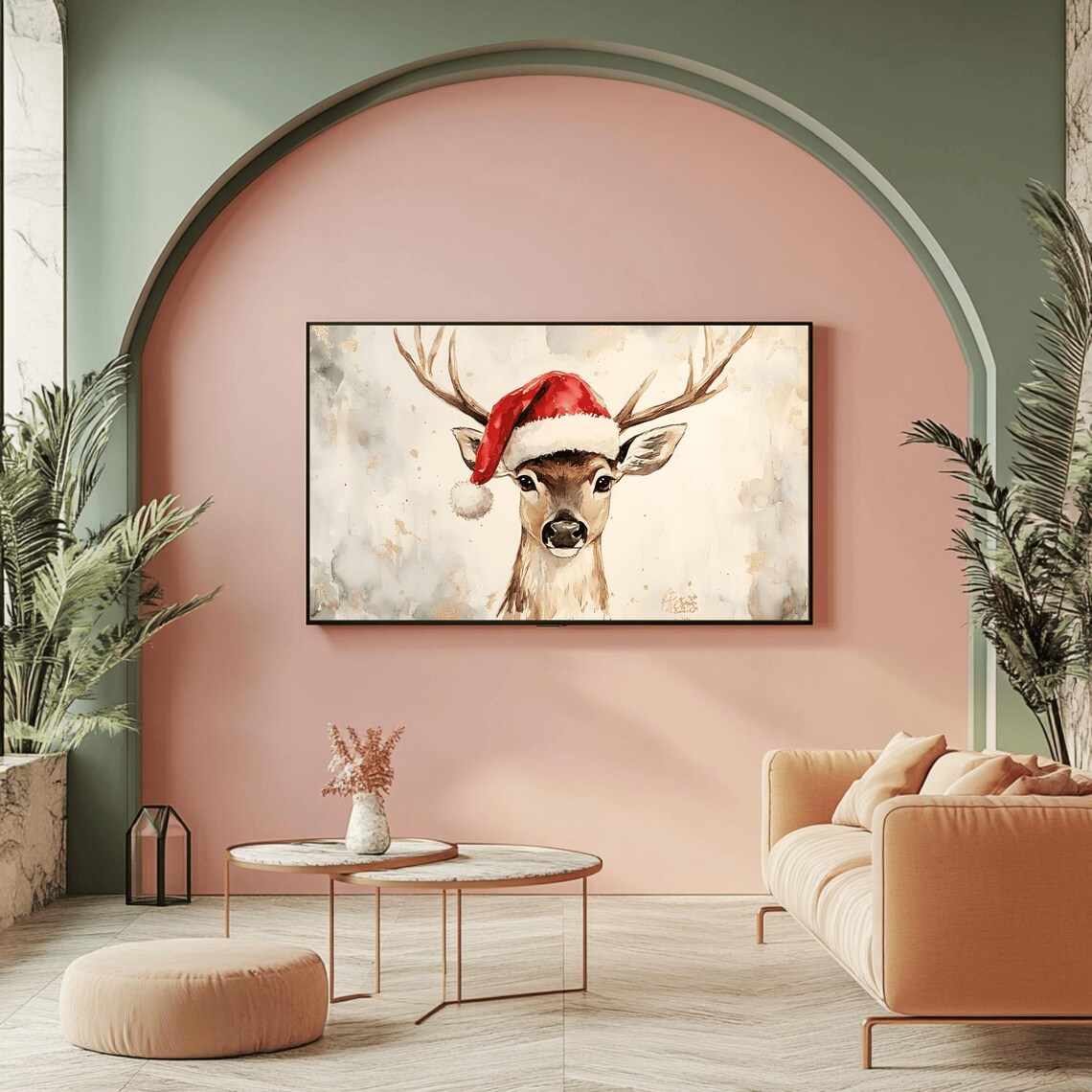 Watercolor Deer Wearing Santa Hat Christmas Portrait Scene Poster - Image 2