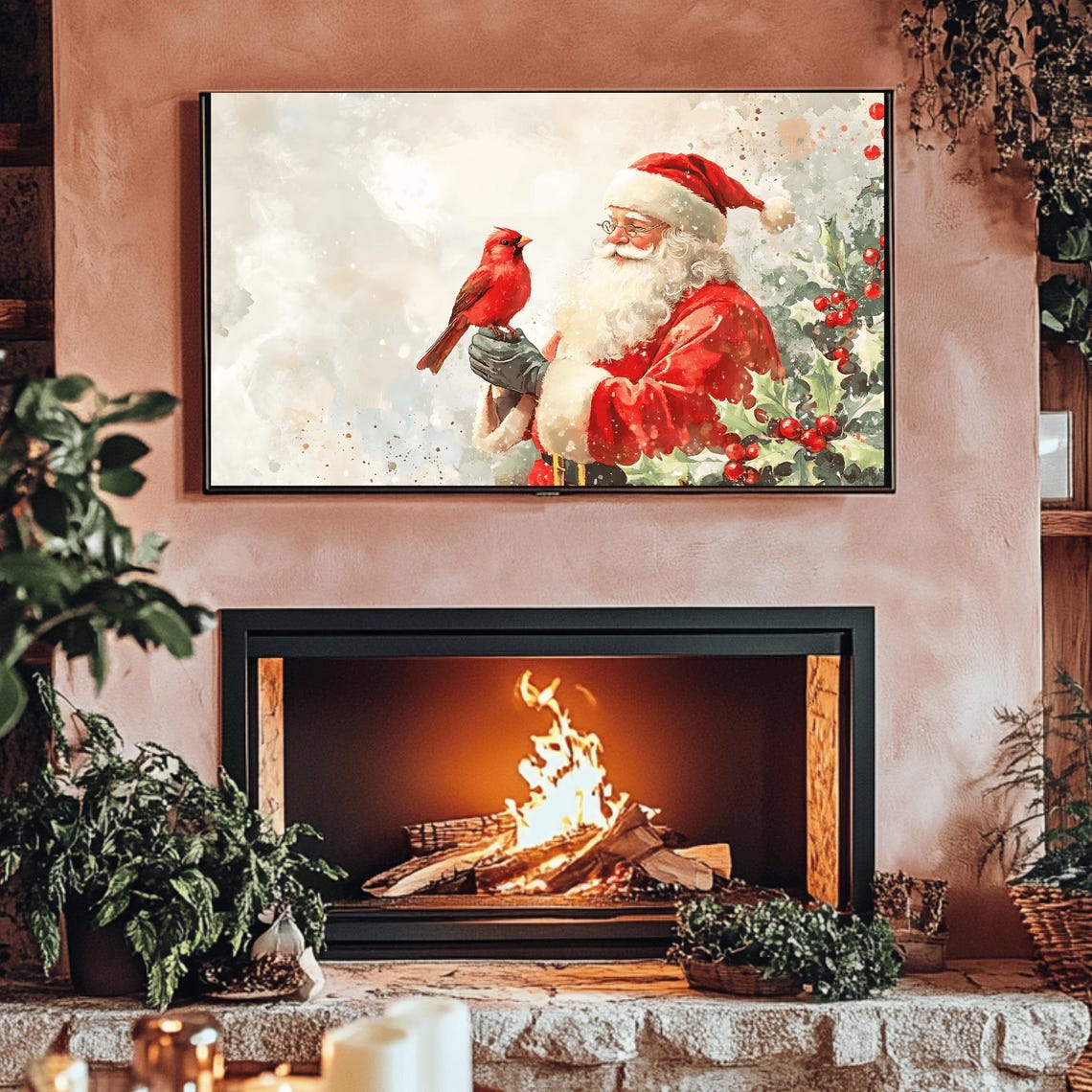Santa Claus Holding Cardinal in Snowfall Holly Border Poster - Image 3