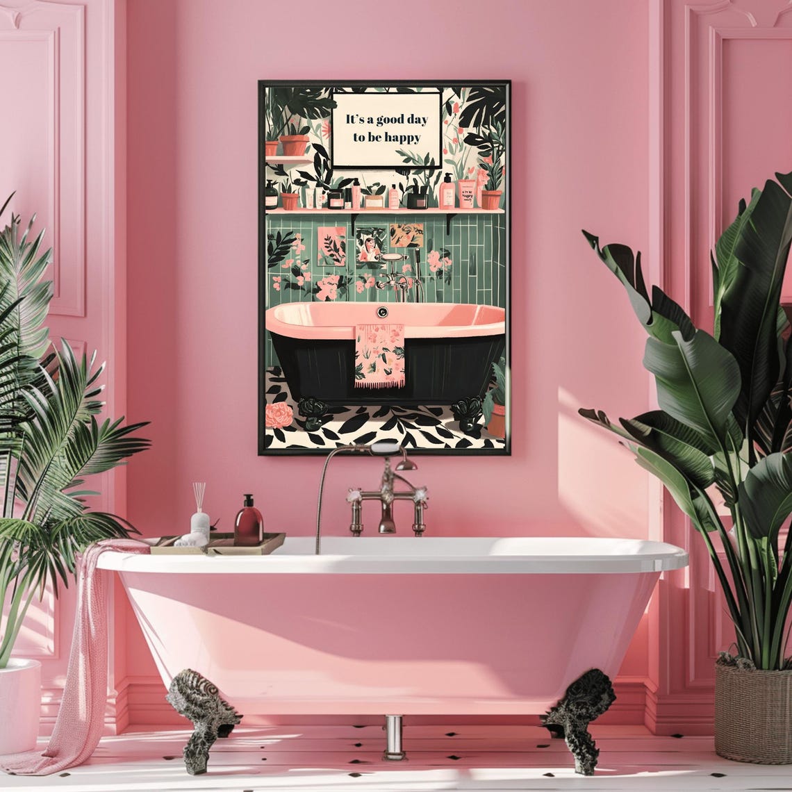 It's a Good Day to Be Happy Botanical Bathroom Black Tub Art Poster - Image 3