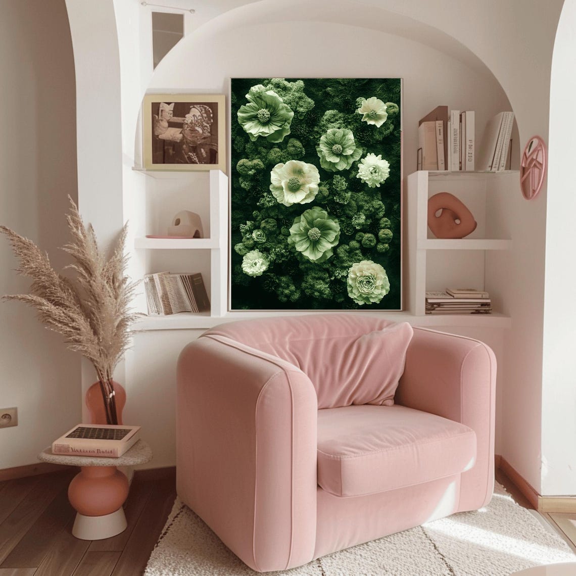 Monochrome Green Moss with Ivory Sculptural Flowers Botanical Wall Art - Image 3