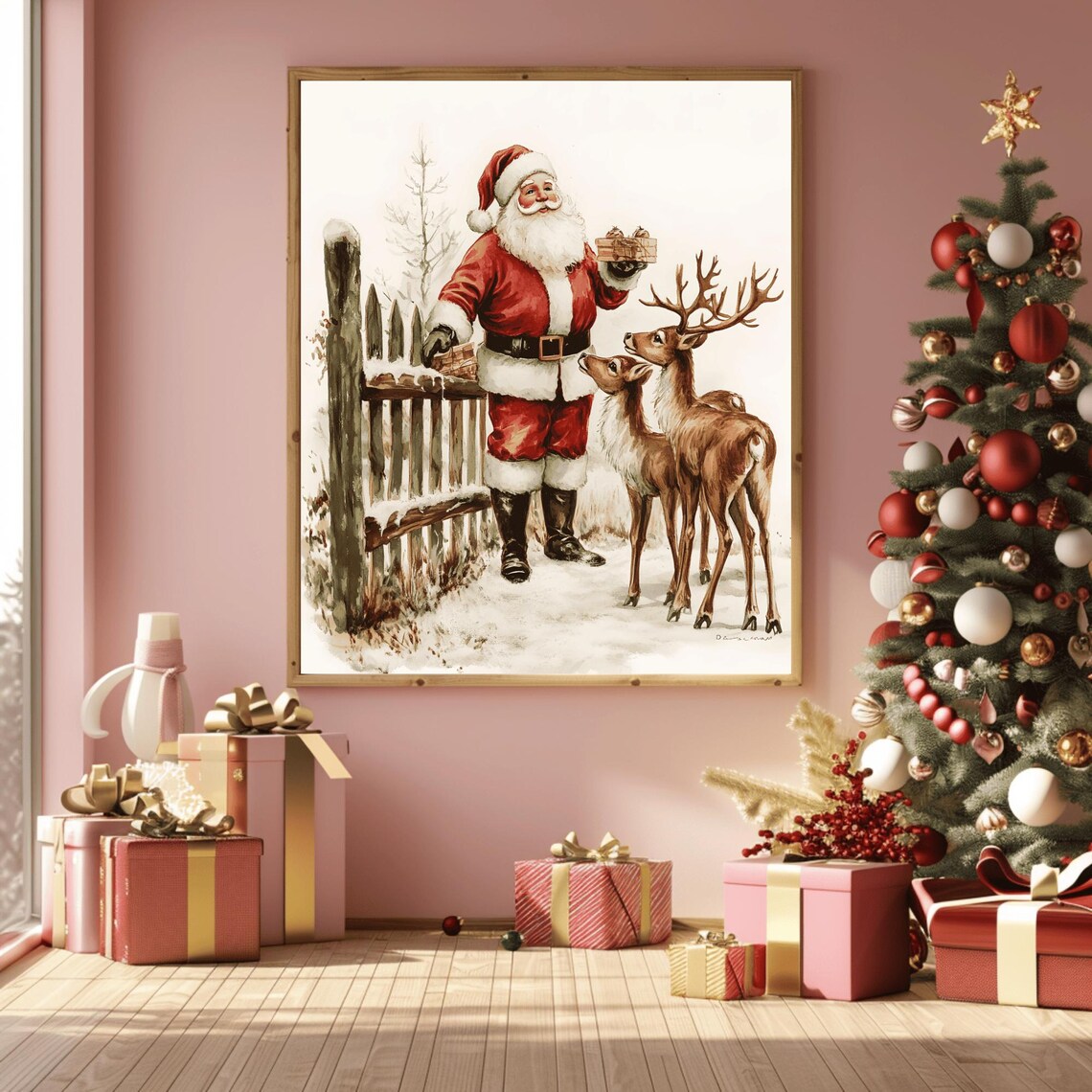 Tender Santa Feeding Two Reindeer by a Snowy Fence Watercolor Art Print - Image 3