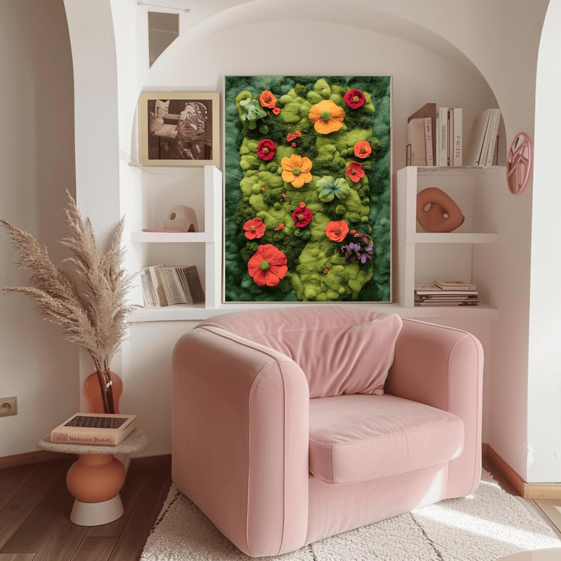 Red Orange Poppy Blooms Over Textured Green Moss Meadow Poster - Image 3