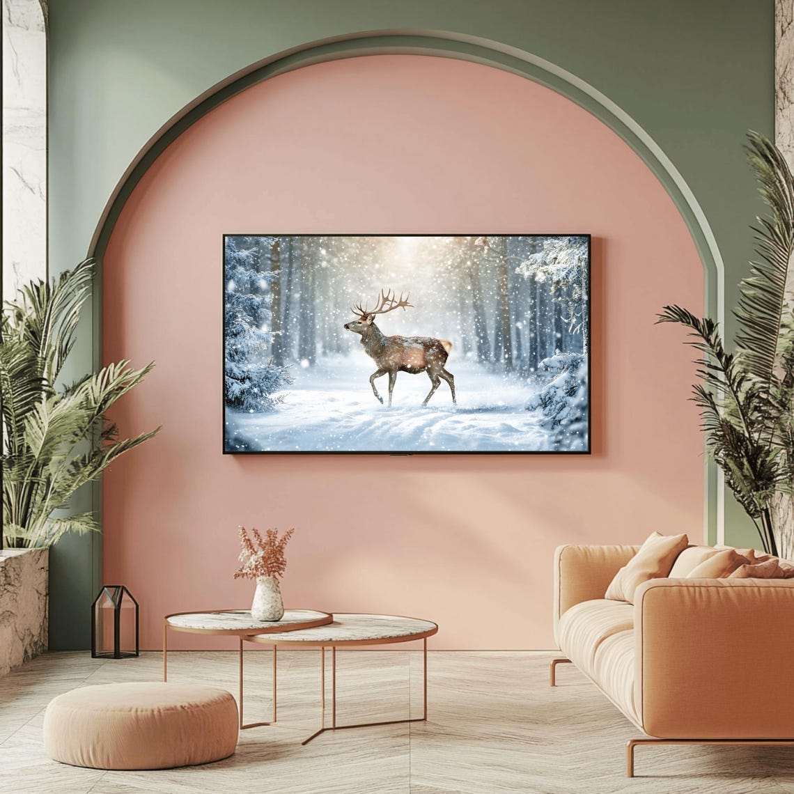 Majestic Stag Running Through Snowy Pine Forest Winter Poster - Image 2