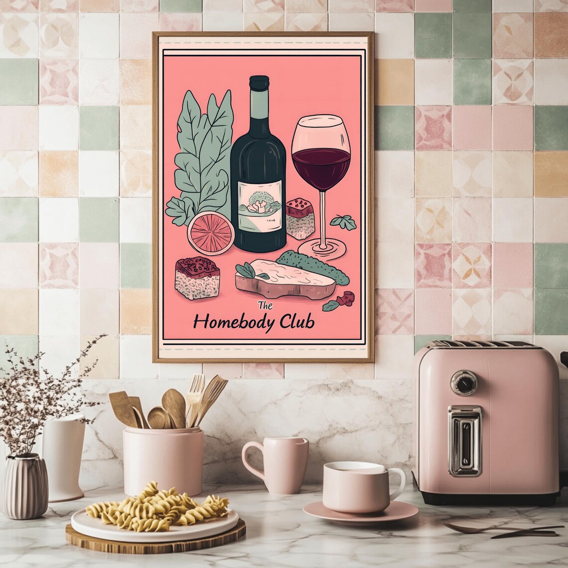The Homebody Club Wine Cheese Illustration Coral Kitchen Art Poster - Image 2