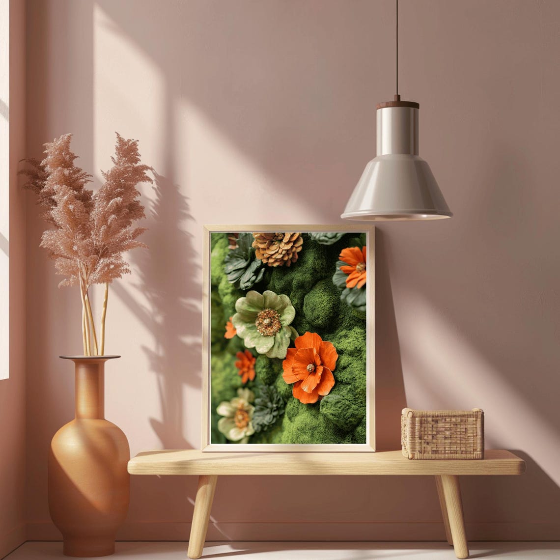 Orange Poppies and Gold Pinecone on Green Moss Floral Wall Poster - Image 2
