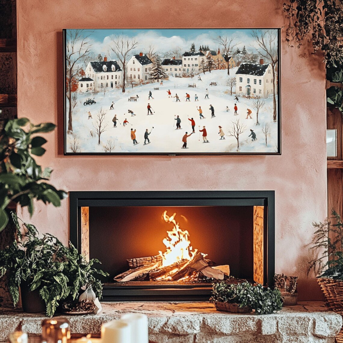 Ice Skaters in Snowy Village Courtyard Winter Landscape Poster - Image 3