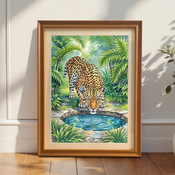 Jungle Tropical Forest Leopard Drinking Water Wood Framed Wall Art Decor