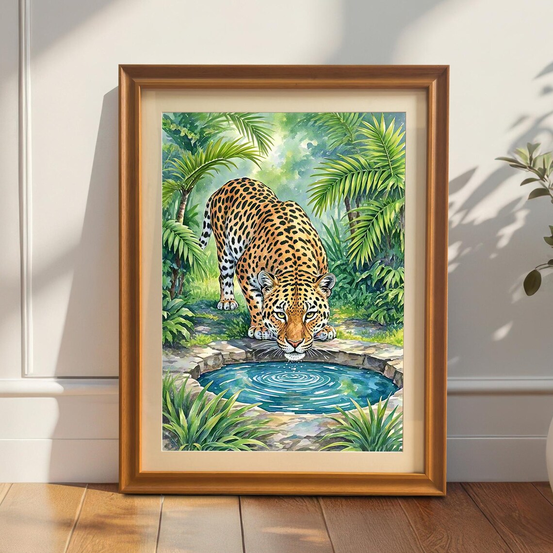 Jaguar Drinking Water At Jungle Pool Tropical Wildlife Wall Art