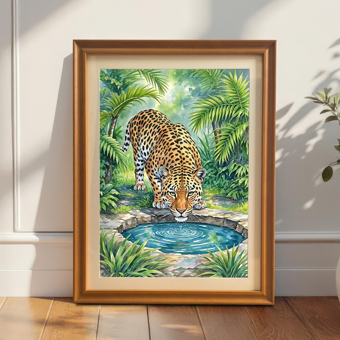 Jungle Tropical Forest Leopard Drinking Water Wood Framed Wall Art Decor