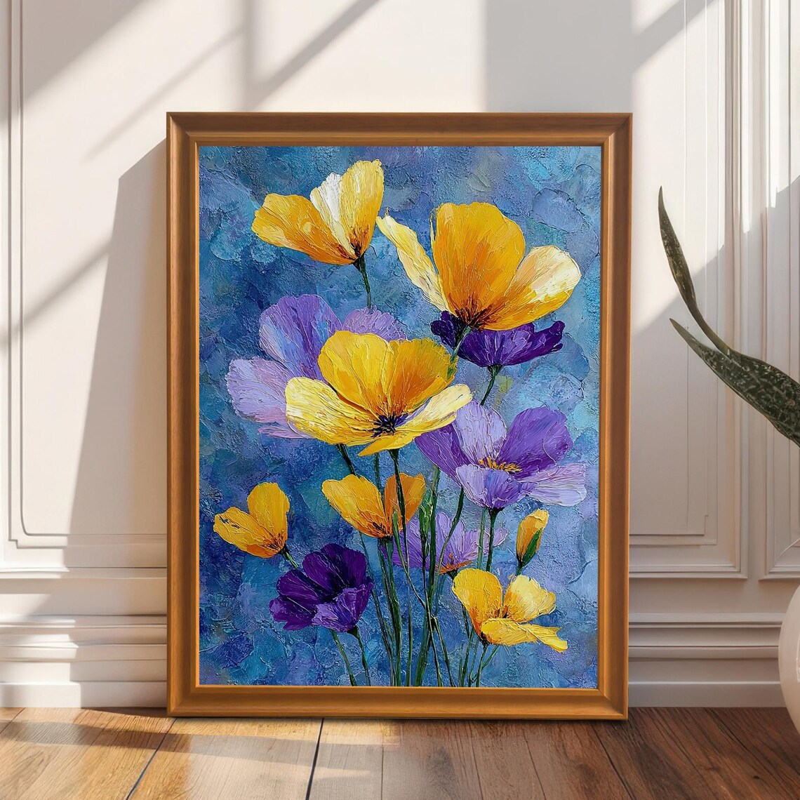 Yellow and Purple Poppies in Textured Blue Impasto Painting Poster