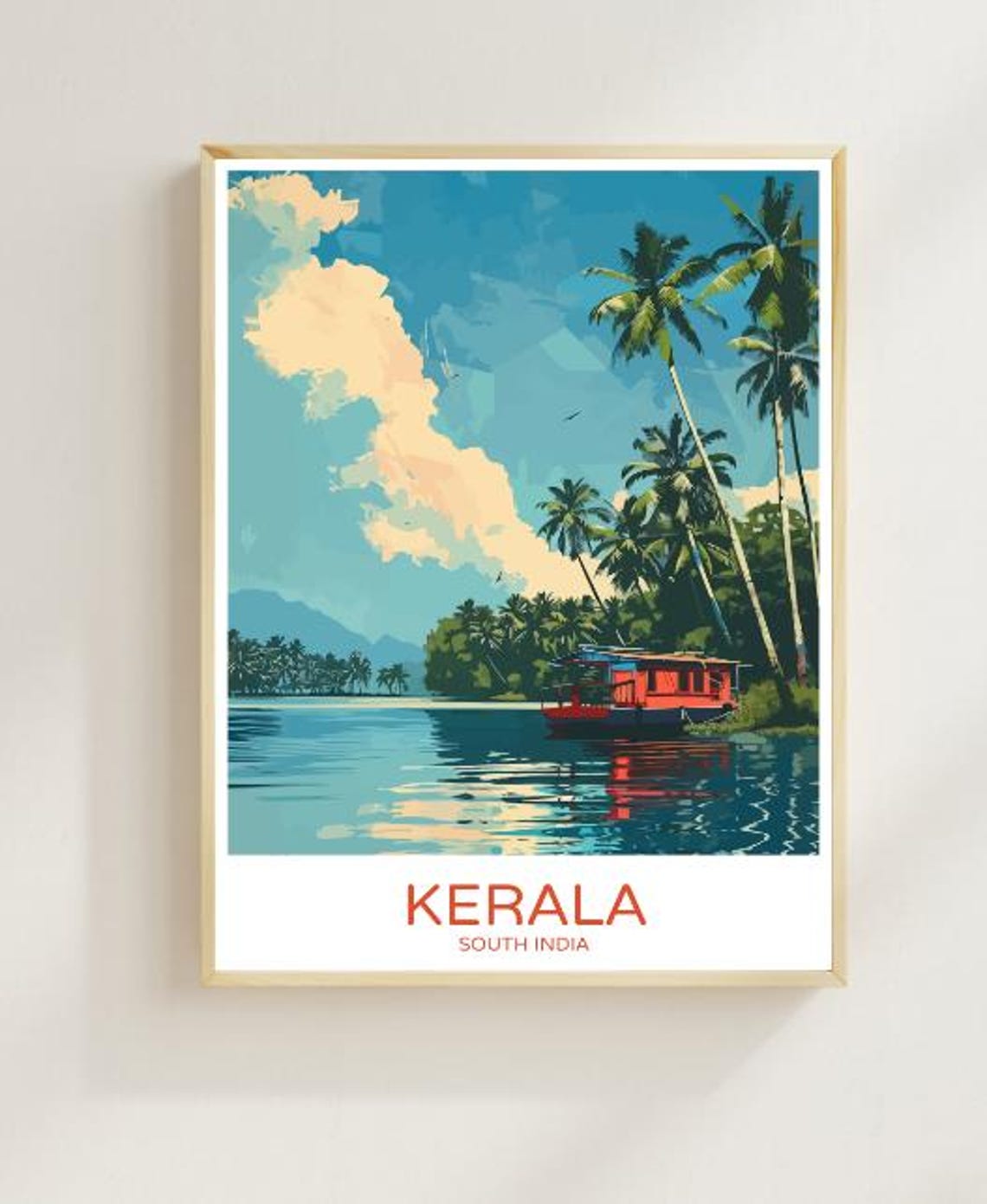 Kerala South India Travel Poster Backwaters Palm Houseboat Art