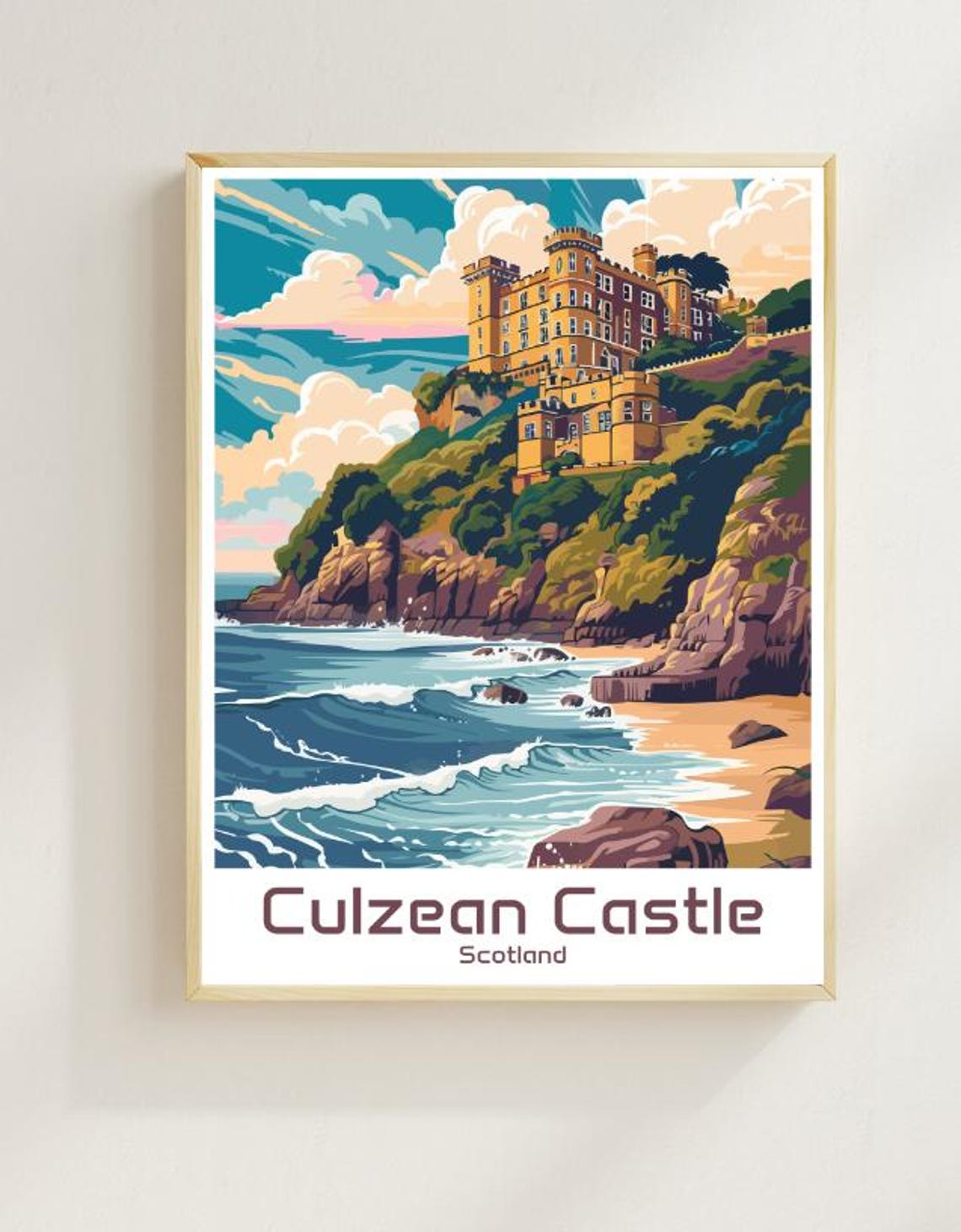 Culzean Castle Scotland Clifftop Castle Waves Vintage Travel Poster