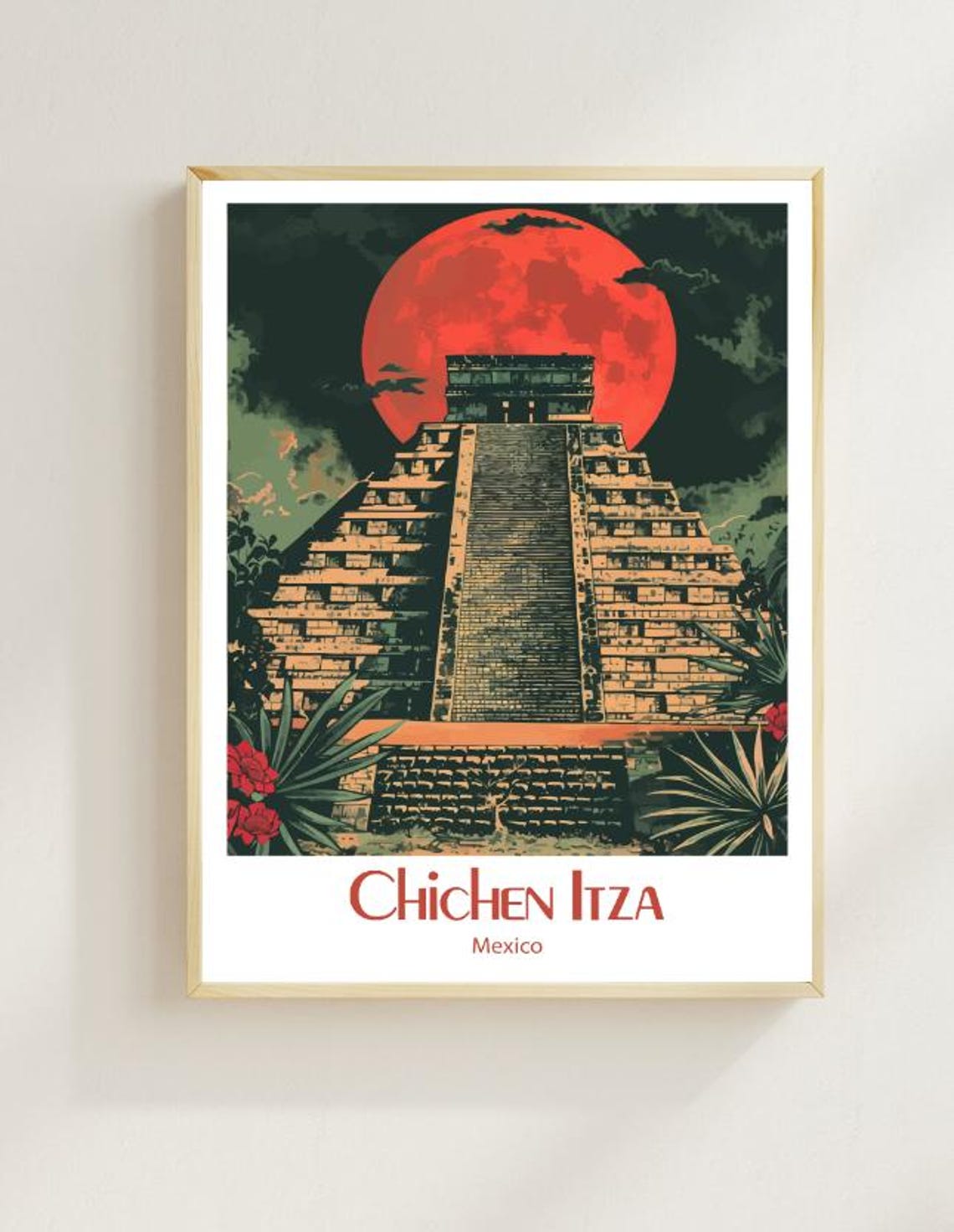 Chichen Itza El Castillo Pyramid Red Moon Mexico Travel Poster