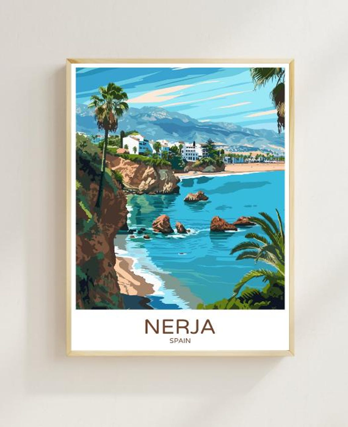 Nerja Spain Travel Poster Turquoise Cove Cliffs Palm Beach View Decor
