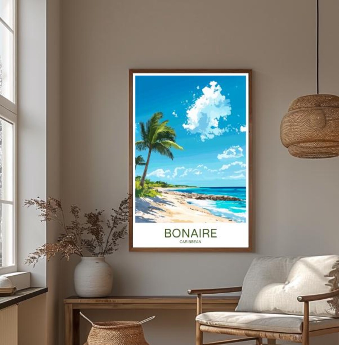 Bonaire Caribbean Travel Poster Palm Fringed Beach Tropical Shoreline - Image 3