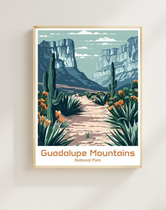 Guadalupe Mountains National Park Poster Desert Cactus Canyon Vintage Art