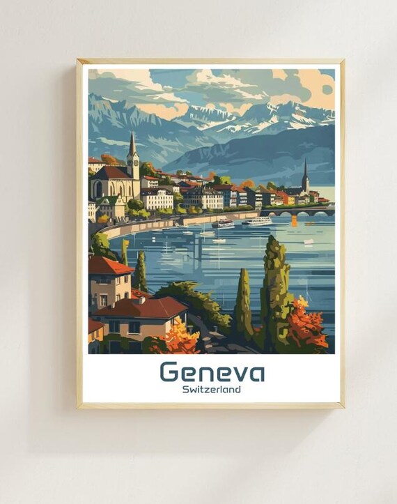Geneva Switzerland Alpine Lakeside Cityscape Mountains Poster