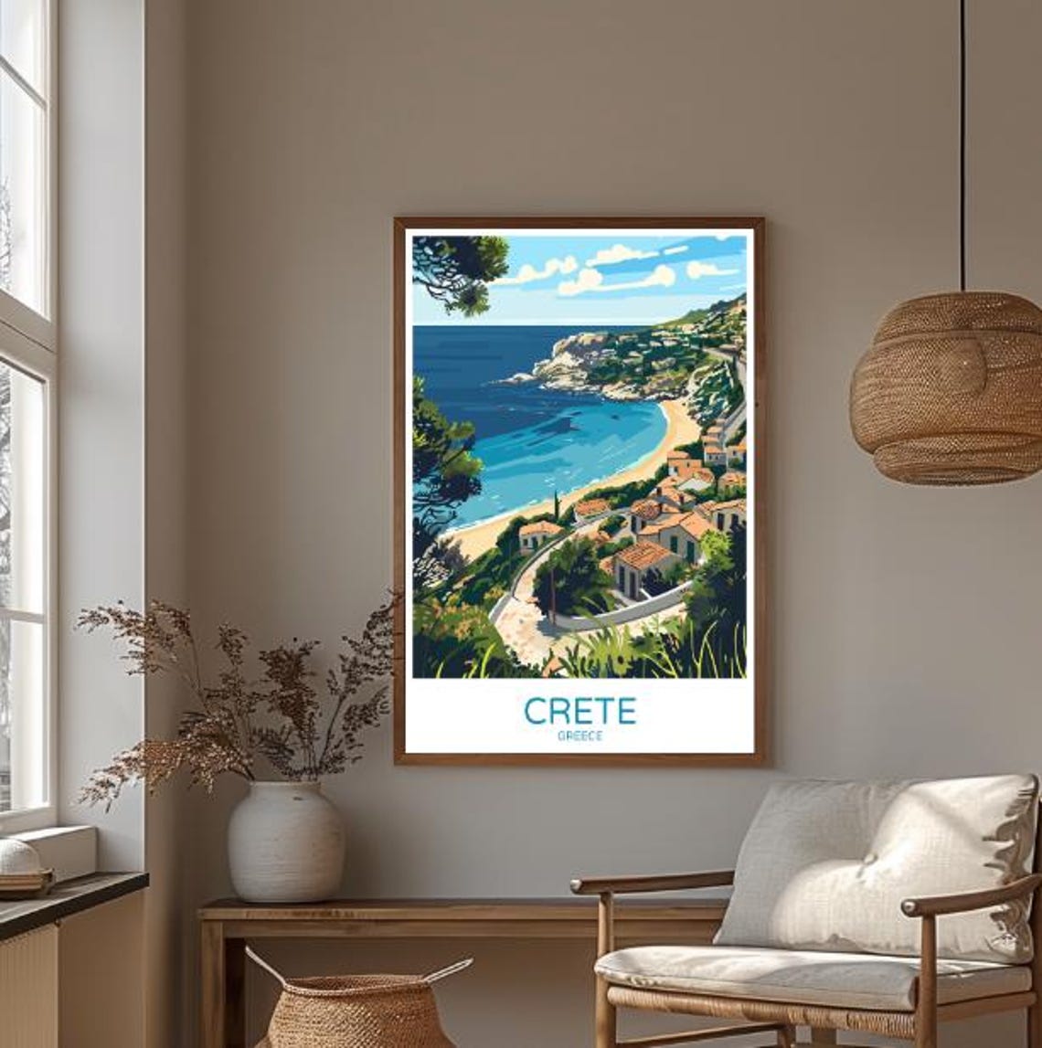 Crete Greece Travel Poster With Coastal Village And Beach Bay Scene - Image 3