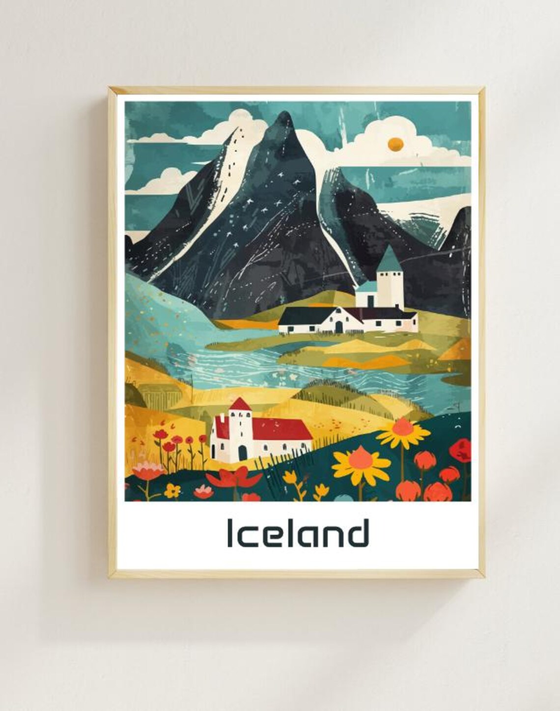 Iceland Mountain Village Church Wildflowers Nordic Landscape Poster